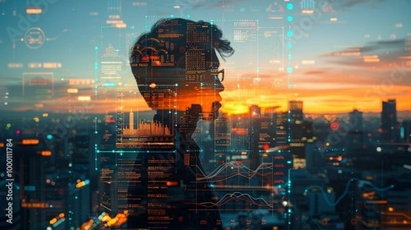 Obraz Double exposure image of a businessman integrated with a cityscape digital advancements and various graphs. Warm orange tones at evening or tranquil blue tones at dawn. high resolution Illustration,