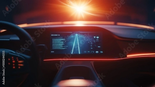 Fototapeta Smart car (HUD) concept. Empty cockpit in vehicle and Self-Driving mode car graphic screen with flare light