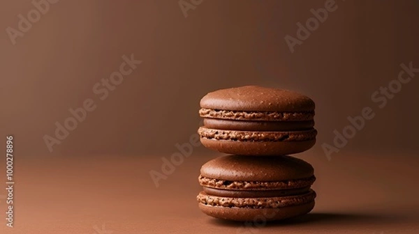 Fototapeta Two chocolate macarons stacked on top of each other against a brown background.