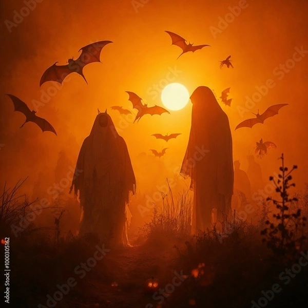 Fototapeta Mysterious Hooded Figures Under a Full Moon: Perfect for Halloween or Fantasy Themes