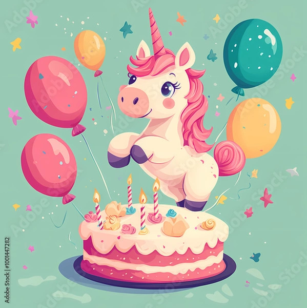 Fototapeta Charming little unicorn celebrates birthday. Festive bright card with cake and balloons