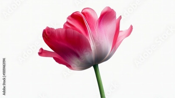 Fototapeta Tulip in full bloom with pink and red gradient petals, isolated on a white background