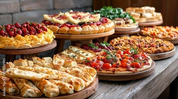 Fototapeta A beautiful spread of assorted pizzas and savory pastries on wooden serving platters.