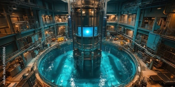 Fototapeta Overview of a nuclear power plant's fusion reactor core emitting blue light in a water tank with ongoing work in the facility