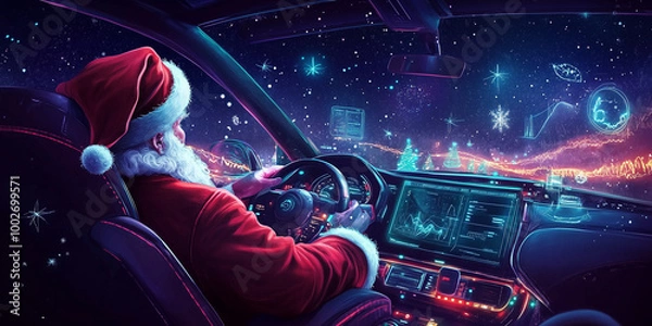 Fototapeta Santa interacts with technology while driving