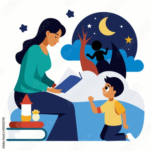 Fototapeta Mom puts son to bed reads fairy tales from books vector illustration