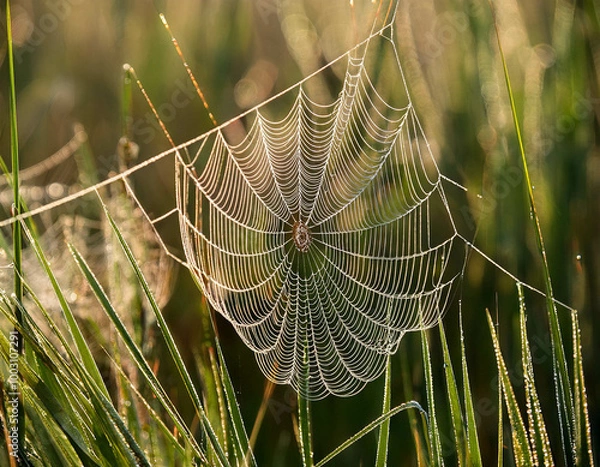 Fototapeta A detailed close-up of dew-covered spiderwebs stretched between tall grass, with each drople