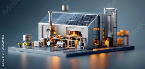 Fototapeta Detailed miniature factory model with vibrant machinery, pipes, and solar panels against a subtle background. Evokes innovation and industrial progress. Solar Cell Energy Concept