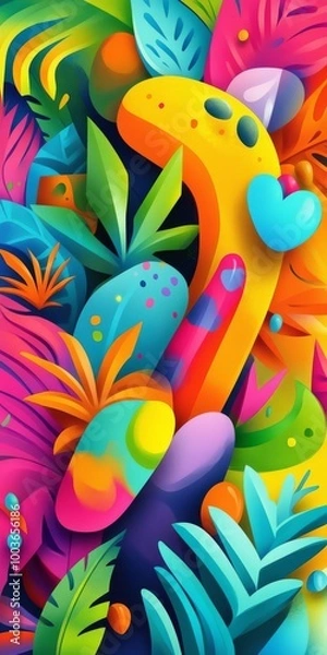 Fototapeta A colorful drawing of a jungle with a banana and a heart