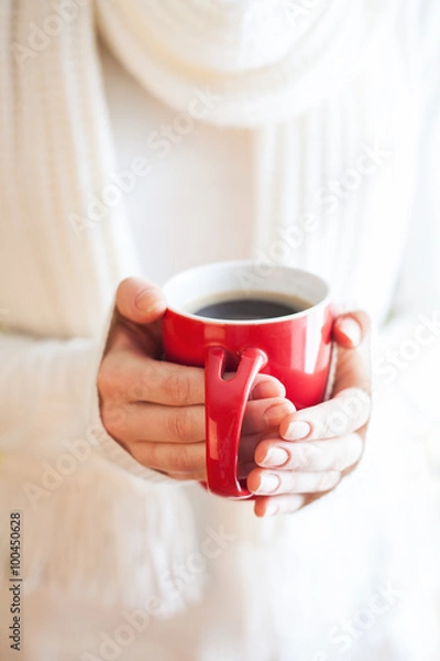 Fototapeta Woman holds a winter cup close up. Woman hands  holding a cozy k