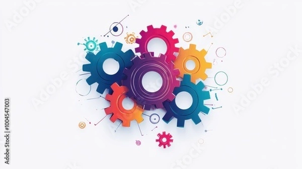 Fototapeta Colorful gears arranged creatively with abstract shapes in a modern design emphasizing technology and innovation