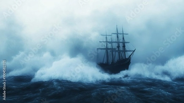 Fototapeta Dark ocean waves crashing through fog, isolated ship, 3D illustration