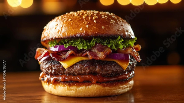 Fototapeta Juicy cheeseburger with bacon, lettuce, onion, and sesame seed bun.