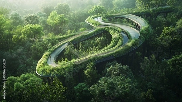 Fototapeta Lush forest canopy absorbs CO2 from the atmosphere, shaping the winding roadway below. The vibrant greenery symbolizes carbon neutrality and zero emissions, promoting a sustainable environment