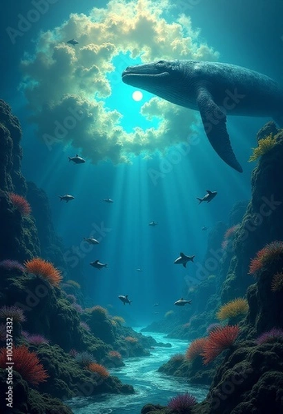 Fototapeta BioLuminescent Dreamscapes: Surreal Underwater Art Depicting the Dreams of Sleeping Whales 