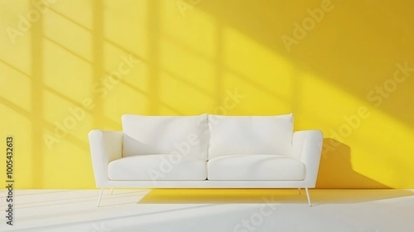 Fototapeta simple room interior render yellow color presentation with white leather sofa 3d render image. 