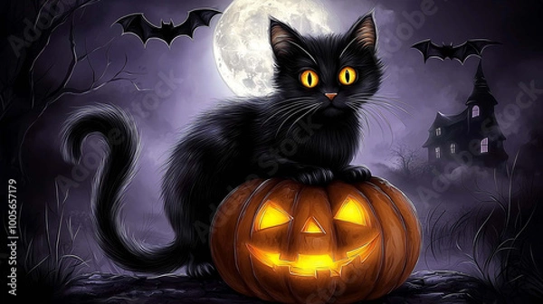 Fototapeta Mysterious Halloween Black Cat with Glowing Eyes, Ready to Haunt the Night