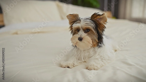 Fototapeta A biewer terrier puppy lying on a cozy white bed in a bright home setting, looking relaxed and adorable.