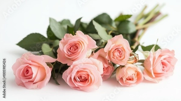 Fototapeta A bouquet of pink roses with a wedding ring, symbolizing love and romance.