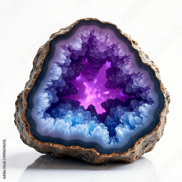 Fototapeta Lavender-colored geode that transitions into icy blue crystals, with a luminescent glow in the center.