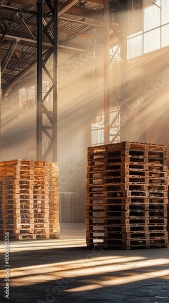 Fototapeta Sunlight streams through an industrial warehouse, illuminating stacked wooden pallets in a serene, organized space.