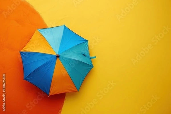 Fototapeta A vibrant umbrella rests against a sunny yellow and orange wall