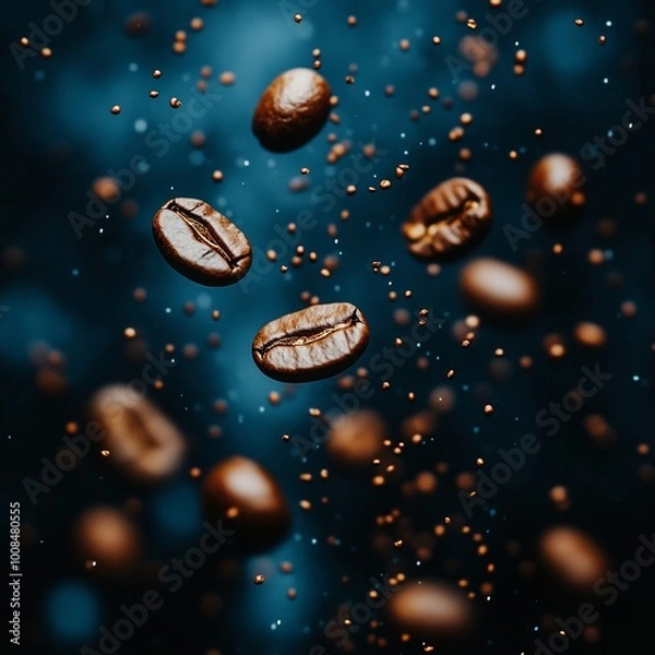 Fototapeta Coffee Beans Falling and Splashing on Blue Sparkling Background. Delicious Morning Drink Concept