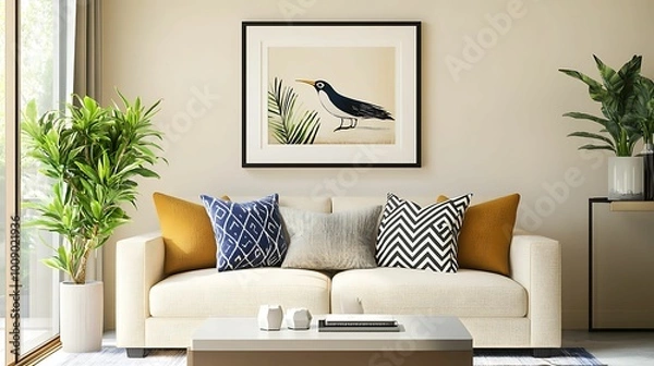 Fototapeta A bright, modern living room featuring a cream sofa with decorative pillows, vibrant indoor plants, and framed artwork of a bird, creating a cozy and contemporary space.