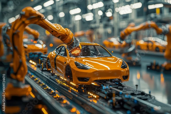 Fototapeta Revolutionizing Electric Vehicle Production: Cutting-Edge Aerial Car Factory with Automated Robot Arm Assembly Line and Advanced Green Energy Technology