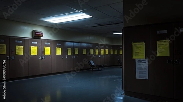 Fototapeta A dimly lit hallway with lockers and yellow notices on the walls.