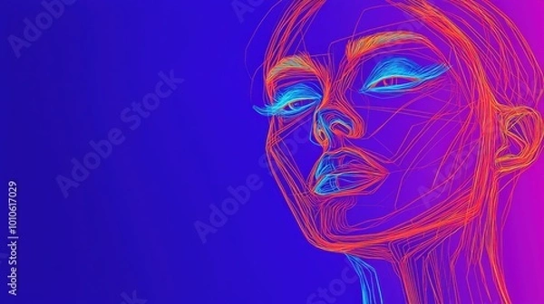 Fototapeta Abstract Neon Line Art Portrait of a Woman s Face