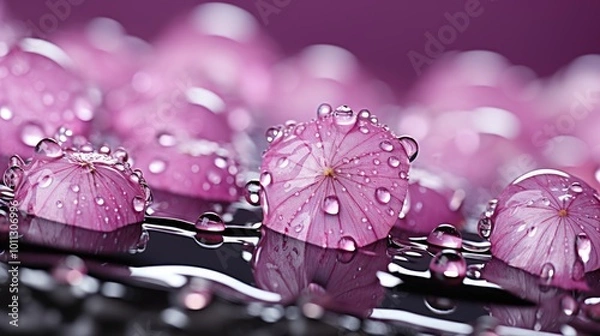 Fototapeta Close-up of a dandelion with water droplets on a purple bokeh background, HD 8K wallpaper Stock Photographic Image 