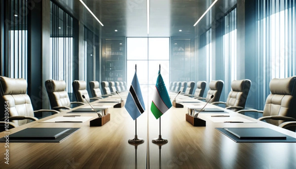 Fototapeta A modern conference room with Botswana and Uzbekistan flags on a long table, symbolizing a bilateral meeting or diplomatic discussions between the two nations.