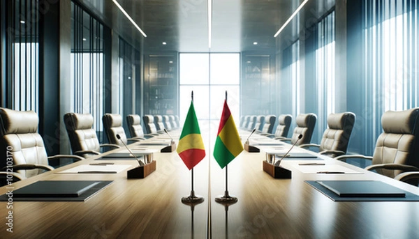 Fototapeta A modern conference room with Congo and Guinea-Bissau flags on a long table, symbolizing a bilateral meeting or diplomatic discussions between the two nations.