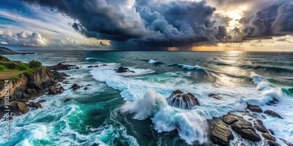 Fototapeta Dramatic Ocean Storm with Dark Clouds and Turbulent Waves Crashing Against Rocky Shoreline