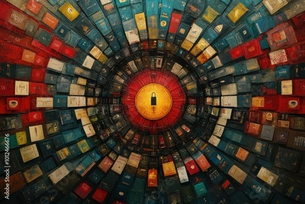 Fototapeta A stylized image of a padlock inside a circle of books.