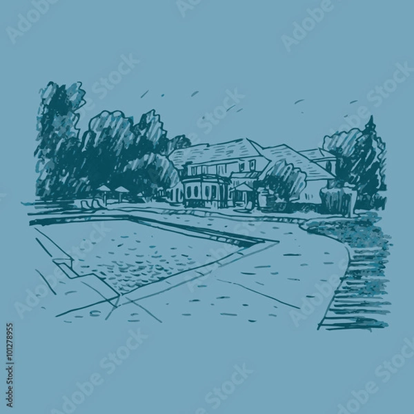 Fototapeta View of the cottage with pool. Vector freehand pencil outline sketch.