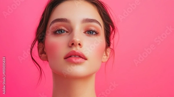 Fototapeta Beauty Concept - Beautiful Caucasian woman with clean skin, natural make-up isolated on bright pink background with copy space