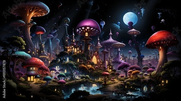 Fototapeta A Mystical City Built Among Giant Mushrooms, Bathed in the Glow of a Pale Moon and Scattered with Stars