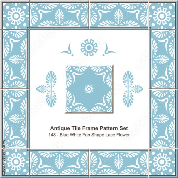 Fototapeta Antique tile frame pattern set_148 Blue White Fan Shape Lace Flo