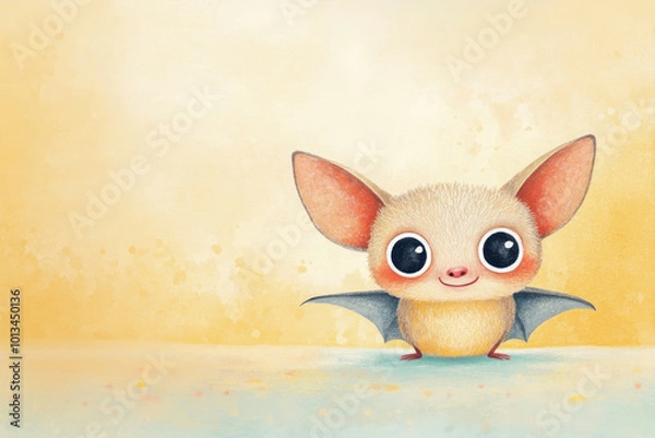 Fototapeta A delightful illustration of a small bat with large ears and big eyes, creating a cute and whimsical appearance. Ideal for children's books, Halloween themes, or playful designs.