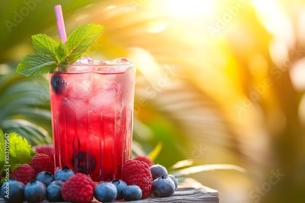 Fototapeta Assortment of summer lemonade mojito with lime, fruits and berries in tall glasses outdoor