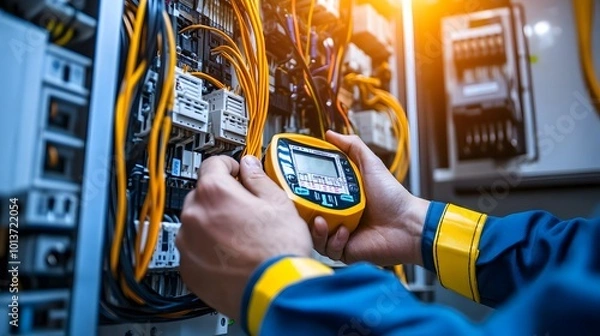 Fototapeta Electricity and electrical maintenance service, featuring an engineer's hand holding an AC voltmeter to check electric current voltage.