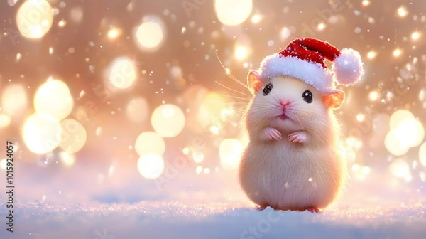 Fototapeta Christmas Hamster: Adorable hamster wearing a Santa hat, with snow falling around it, and two red baubles on the snow.  