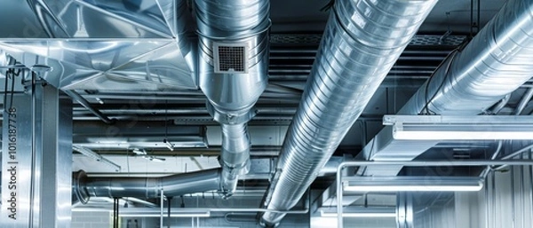 Fototapeta Industrial pipes and ducts in a modern facility create a complex, metallic network, reflecting technology and functionality.