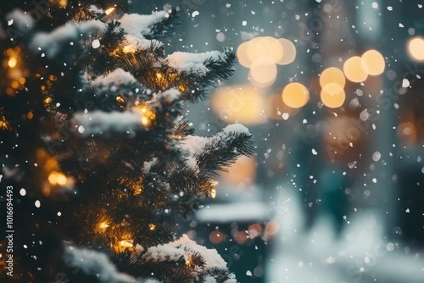 Fototapeta Christmas tree outdoor with snow, lights bokeh around, and snow falling, Christmas atmosphere. MZ