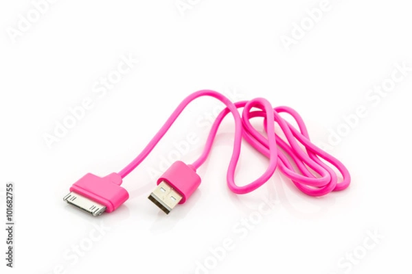 Fototapeta Pink USB cable for smartphone.