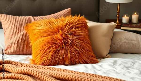 Fototapeta A beautifully styled bedroom features a vibrant orange fluffy pillow surrounded by textured neutral pillows and a soft knitted blanket, creating a warm and inviting autumn atmosphere.

