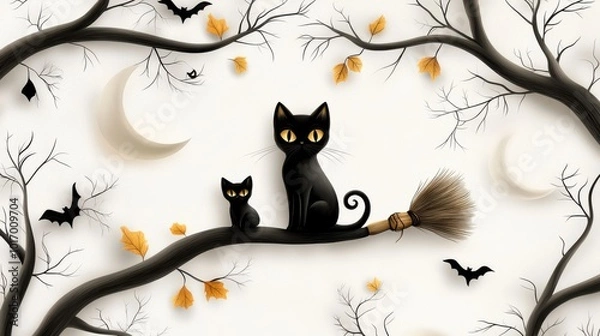 Fototapeta A vintage-inspired Halloween background featuring antique illustrations of black cats, broomsticks, and crescent moons.