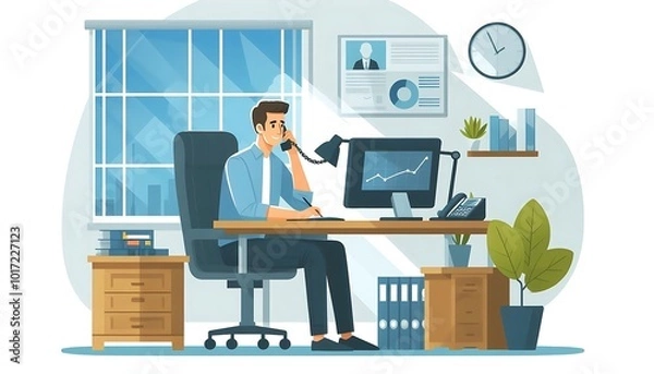 Fototapeta person answering a phone call at a desk 